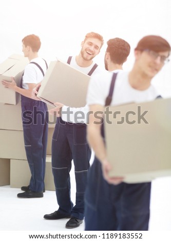 Men delivering box isolated on white.