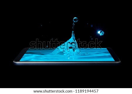 Conceptual creative 3D volumetric photo of water drops with splashes in a smartphone isolated on a black background. Drops of water fall into the smartphone. volumetric 3D photo.