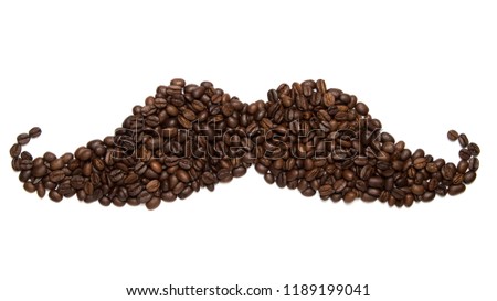 Big mustache made of roasted coffee beans isolated on white background.  Royalty-Free Stock Photo #1189199041