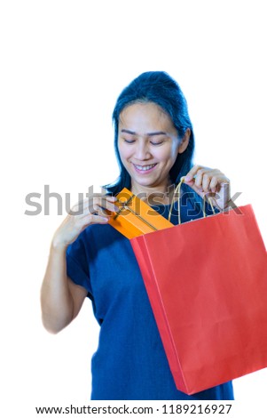 Asia women with bag shopping on white background