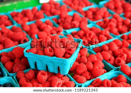 Fresh organic Raspberries for sale at a local farmers market, Washington-USA