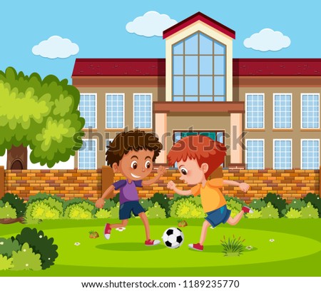 Children playing at football illustration