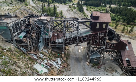 Aerial view of an old abandoned mine in the Colorado Rocky Mountains