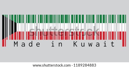 Barcode set the color of Kuwait flag, green white and red color with black trapezium based on the hoist side. text: Made in Kuwait. concept of sale or business.