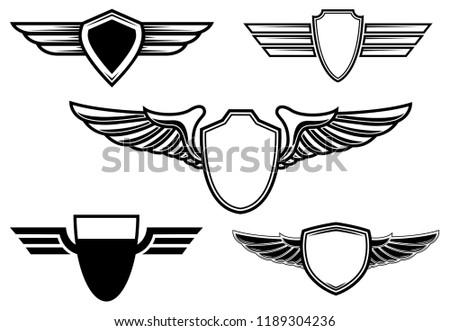 Set of retro emblems with wings. Design element for poster, logo, label, emblem, sign, t shirt. Vector illustration