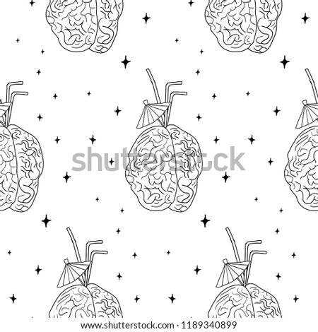 Hand Drawn brain with a cocktail card. Illustrations Drawing Vector Sketch for textile, print, postcard, text, invitation, poster, background, book, t-shirt, wallpaper