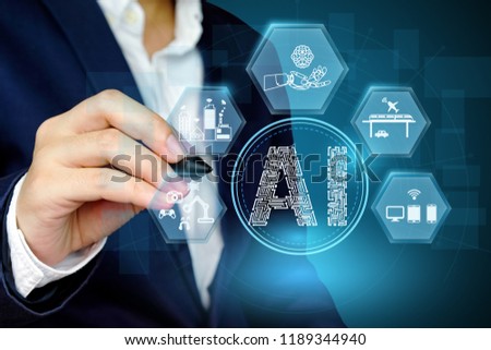 Businessman showing Artificial intelligence concept with related icon.
