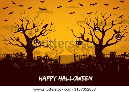 Happy halloween composition with birds and lanterns at trees cemetery and flying bats at sunset vector illustration