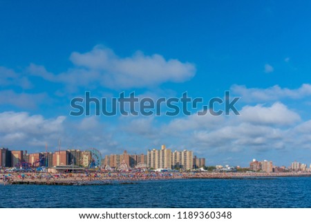 Skyline of Coney Island viewed from the sea in Brooklyn, New York, USA