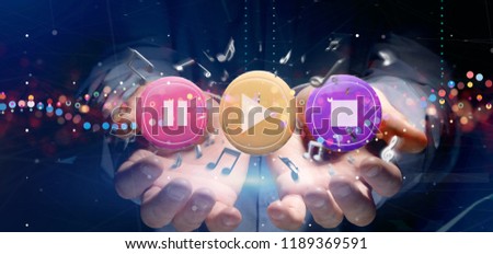 View of a Man holding a Music button and notes playing  3d rendering