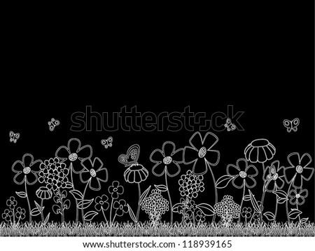 Decorative floral background - white cartoon flowers on a black background. EPS10 vector.