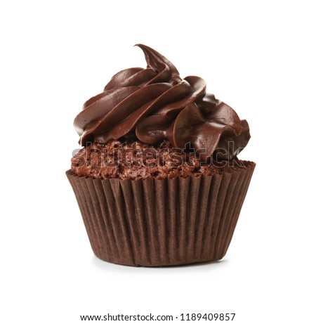 Tasty chocolate cupcake on white background Royalty-Free Stock Photo #1189409857
