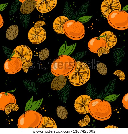 Vector seamless pattern with christmas decoration: tree, balls, tangerines and cone. Design for cards, banners, packing paper and textile. EPS 10