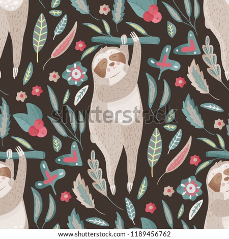 Seamless vector pattern with cute cartoon sloth holding on a branch on a dark background. Vector jungle animal illustrations in a flat style with floral elements.