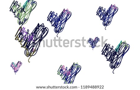 Hand Draw, Embroidered, Stylish Blue, Green, Violet and Black Hearts of Different Size on White Background
