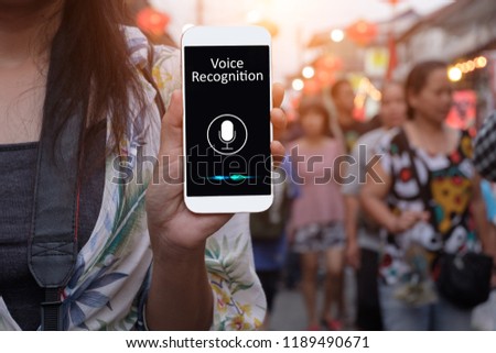 Voice recognition, Speech detect and deep learning concept. Application on mobile phone screen.