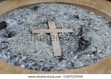 Ash wednesday cross, crucifix made of ash, dust as christian religion, Jesus, god, faith, holy, holiday,
