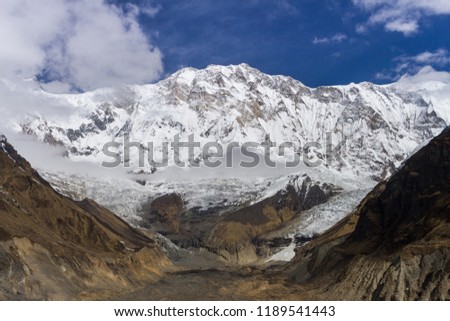 View from Annapurna Base Camp in Himalayas, Nepal in Spring. Snowy mountains, high peaks of Annapurna.