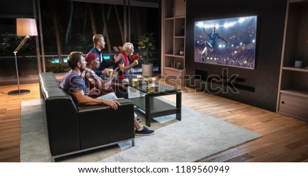 Group of fans are watching a soccer moment on the TV and celebrating a goal, sitting on the couch in the living room. The living room is made in 3D.