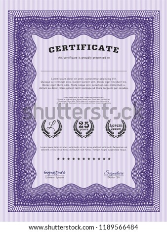 Violet Certificate. Artistry design. With linear background. Vector illustration. 
