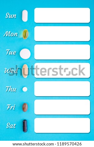 Recipe photo template with seven different types of pills and marking the days of the week on blue background