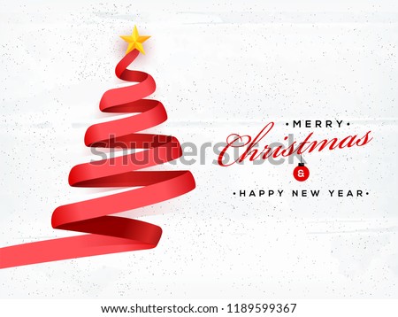 Creative Xmas tree made by red ribbon on white textured background for Merry Christmas and New Year celebration concept. Royalty-Free Stock Photo #1189599367
