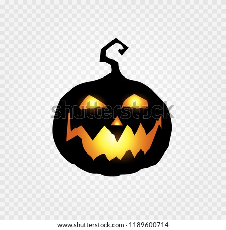 Halloween night vector illustration of scary and evil pumpkin jack o lantern with glowing face, terrible look and a smirk of a villain, in the dark isolated on transparent background.