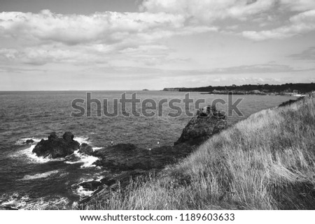 Emerald coast in Brittany, France. Two anglers (back view) fishing from the cliffs. Black and white photo.