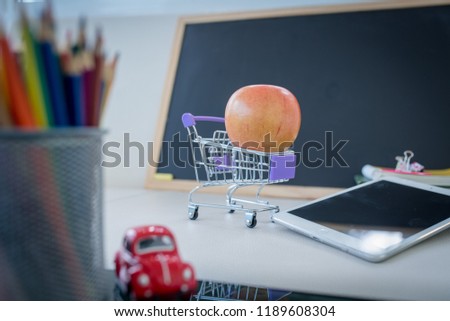  school educational supplies. Desktop with digital tablet, ruler, pencils, pens, notebooks, Studying and researching background, copy space