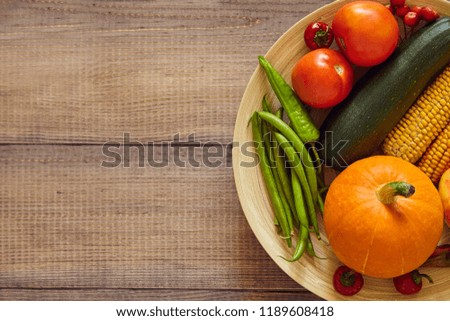 Vegetarian eating. ripe fruits and vegetables on the table. Autumn harvest.