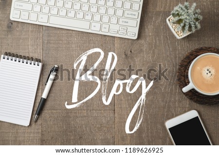 Blog and information website concept. Workplace  background with text. View from above Royalty-Free Stock Photo #1189626925