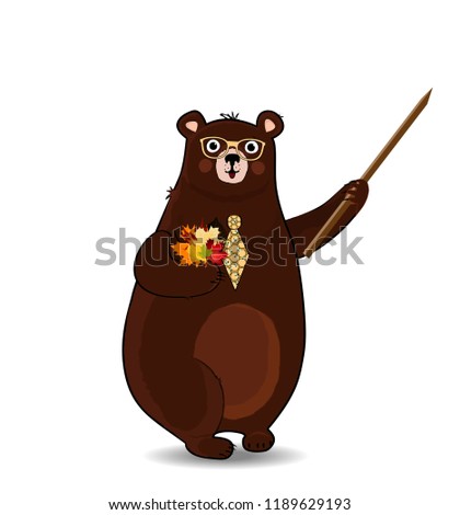 Cute cartoon bear teacher in glasses and tie holding pointer and autumn leaves bouquet isolated on white background. Happy teachers day, back to school  illustration, clip art, design character.