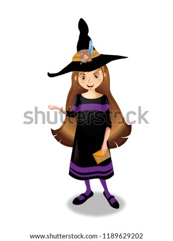 Halloween illustration of young witch girl character with long brown hair in hat and costume isolated on white background. Cute cartoon clip art for greeting card, invitation, festive design.