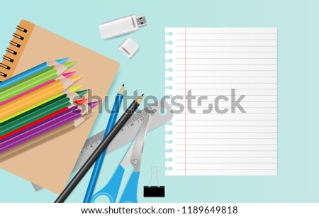 Back to school concept with school supplies and blank note paper on green background. Vector illustration