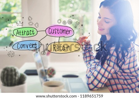 Customer acquisition theme with young woman holding a pencil