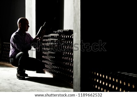 Wine maker checking horizontal bottles in a dark cellar Royalty-Free Stock Photo #1189662532