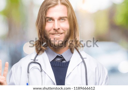 Young handsome doctor man with long hair over isolated background showing and pointing up with fingers number four while smiling confident and happy.