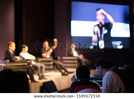 Panel on Stage during Discussion Event. Debate with Experts during Conference Seminar Presentation. Successful Executives and Entrepreneur Speakers and Presenters in Conference Hall Lecture Series. Royalty-Free Stock Photo #1189672558