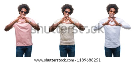 Collage of african american young  man wearing sunglasses over isolated background smiling in love showing heart symbol and shape with hands. Romantic concept.