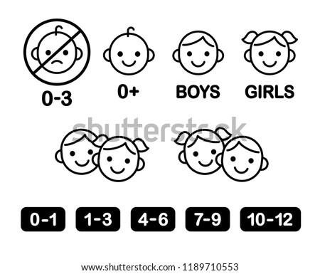 Children icon set: age warning labels (not suitable for young kids) and gender signs. Line icons, simple modern style.