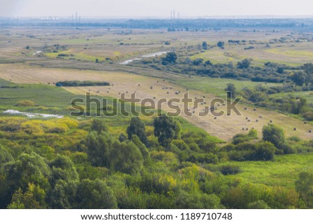 Autumnal green forest and rolls of straw on field. Beautiful panoramic landscape with lush green trees and dry meadow with round haystacks. Aerial view. Filled full frame picture.