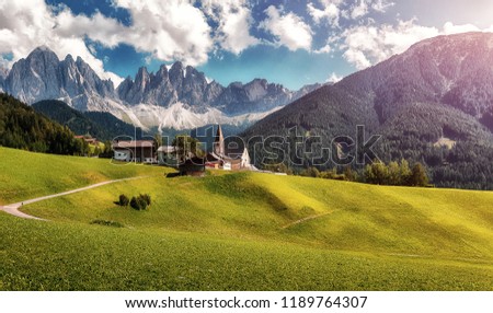 Amazing View of Famous alpine place of the world, Santa Maddalena village with magical Dolomites mountains in background, Val di Funes valley, Trentino Alto Adige region, Italy, Europe. (St Magdalena)