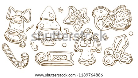 Vector set of christmas sweets. Brown gingerbread on white.