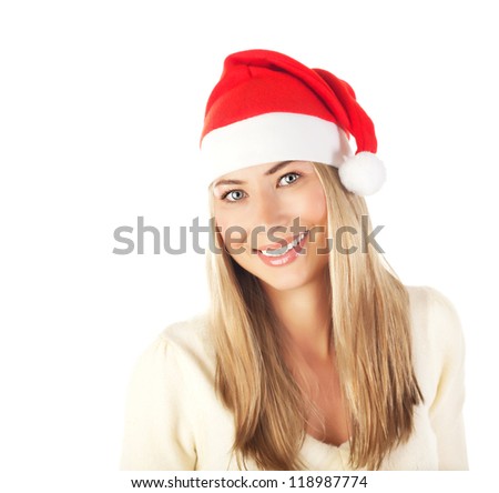 Picture of cute blond girl wearing red Santa Claus hat isolated on white background, Christmas party, new year holidays, closeup portrait of attractive smiling woman, xmas eve, fun and joy concept