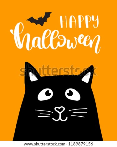 Vector illustration of Halloween kitten. Black cat holiday card