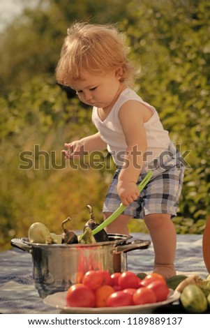 One little curious boy in shorts at picnic with ladle standing near pot red tomato orange pumpkin squash and cucumber on checkered plaid on natural background sunny day, vertical picture
