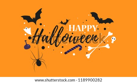 Halloween vector illustration with ghost, bats, candy, skull and sign 'Happy Halloween' in flat style.