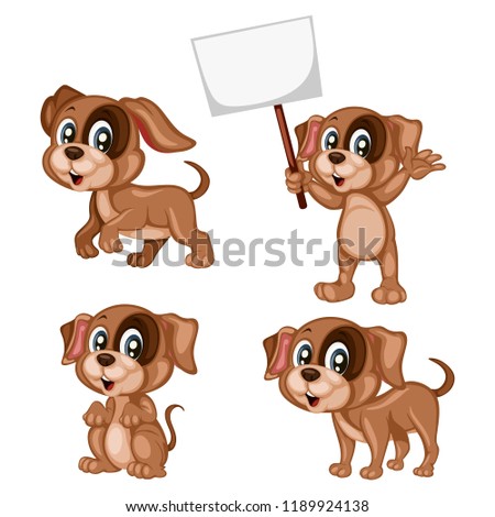 Vector Illustration of a Happy Dog Set. Cute Cartoon Puppies in Different Poses Isolated on a White Background. Happy Animals Set. Little Dog Holding a Banner, Cheering,  Cheering, Running
