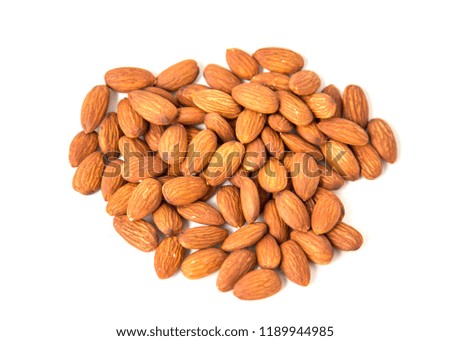 Raw Natural Organic Almonds Nuts Scattered Isolated on White Background Top View Healthy Food for Life Natural Light Selective Focus
