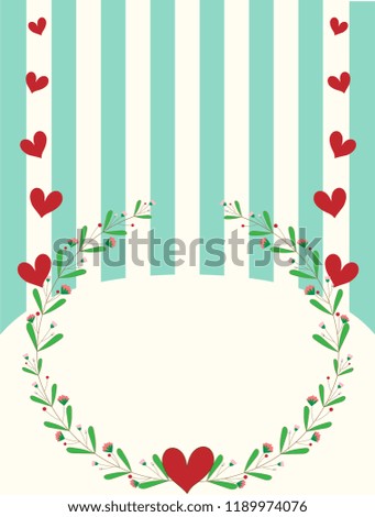 Invited card in stripe blue and white colors decorated with floral botanicals pattern and red cute heart for love or Valentine concept with copy space for your design. Simple vector art style.